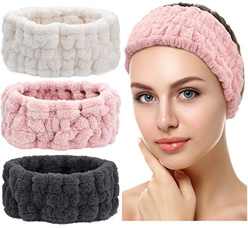 3 Diademas Faciales de Spa para Maquillaje y Lavar Cara Banda Facial de Cabeza para Spa Yoga Ducha Envoltura Elástica para Cabeza para Niña Mujer (Rosa, Blanco Lechoso, Gris Oscuro)