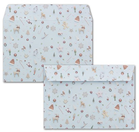 25x Briefumschläge DIN C6 in Hellblau mit Weihnachtsbaum und Winter-Symbolen - Haftklebung mit Abziehstreifen - 114 x 162 mm - 80 g/m² - Weihnachtsumschläge mit Motiv für Firmen und Privat