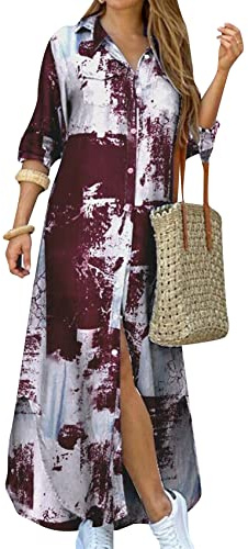 YMING Blusa De Manga Larga para Mujeres Vestido Camisa De Mezclilla Vestidos Botones De Algodón Chambray con Botones ZR Vino Rojo XXL