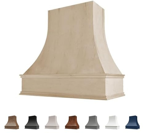Riley & Higgs Unfinished Wood Kitchen Range Hood Cover, Curved Front Wall Mount Vent Hood, Classic Trim, Plywood with Maple, 31.5” W x 36” H