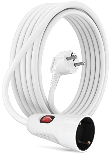 MutecPower 5 meter förlängning med strömbrytare på Schuko-förlängningskontakten med säkerhetsbrytare - 90° vinklad kontakt och skyddskoppling IP20-kontakt och koppling upp till 250 V, 16 A - 5 m vit
