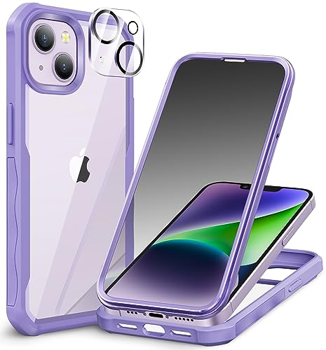 CENHUFO Privacy Cover iPhone 14/iPhone 13, Custodia Antiurto con Protezione Schermo Vetro Temperato Anti Spia e Pellicola Fotocamera [9H HD] 360 Gradi Rugged Fronte Retro Case Doppia Bumper -Lilla