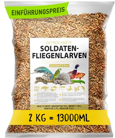 Soldatenfliegenlarven getrocknet 2kg (entspricht 13 Litern), Black Soldier Flys, Vogelfutter, Igelfutter mit Insekten, Fischfutter, proteinreicher Snack für Reptilien und Schildkröten