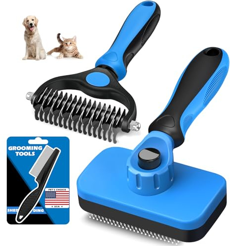 3PCS Self Cleaning Slicker Brush & Pet Grooming Rake & Flea Comb for Dogs, Cats and Horses | Double-Sided Dematting Comb & Skin Friendly Deshedding Grooming Tool | Premium Pet Supplies (Blue)