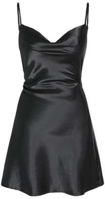 CIDER Women Summer 2025 Wedding Guest Cocktail Dresses Solid Satin Cowl Neck Cami Mini Dress, Black, XL