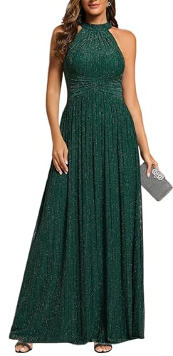 Ever-Pretty Women's Glitter Halter Sleeveless Formal Dresses Evening Gowns Pleated A-line Wedding Guest Dress Dark Green US8
