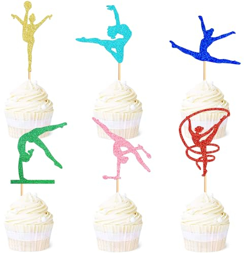 Blumomon 24 pezzi glitter per ginnastica ritmica cupcake cupcake toppers ragazze ginnastica cupcake toppers picks colorati ginnastica sport tematici topper ragazze compleanno compleanno accessori