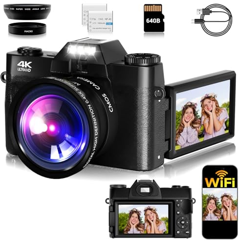 Camera Digital, FHD 75MP WiFi 4K Vlogging Video Camera for YouTube with 3'' 180°Flip Screen, 64GB SD Card, 16x Digital Zoom, 2 Batteries, Point and Shoot Digital Camera for Beginner Black