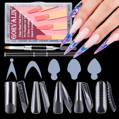 Gorvalin 120 Stücke Dual Nail Forms Kit mit 60 PCS French Forms Stickers, 5 Stil Dual Tips Nägelmit Dual-Ended Nagel Pinsel für Polygel Nagel Gelnägel Erweiterung