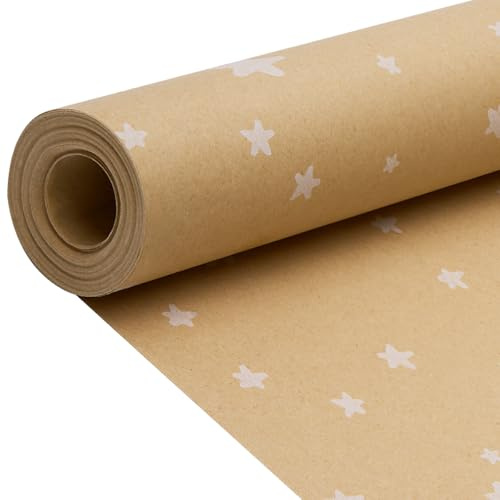 Rollo de Papel de Regalo Kraft Navideño - 43 cm x 15 m Con Estrellas Blancas para Navidad, Cumpleaños y Fiesta de Halloween