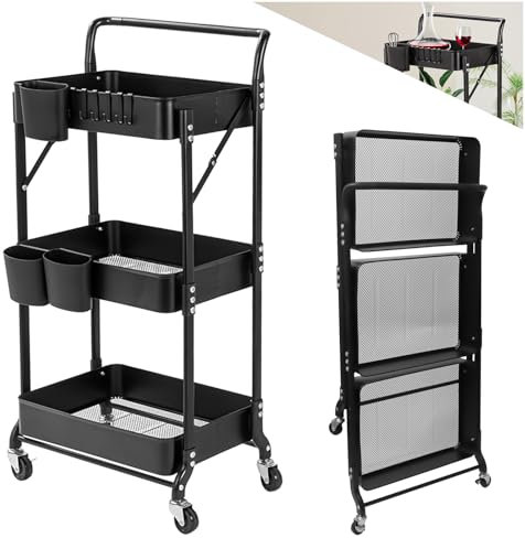 Allyson® Klappbarer Aufbewahrungswagen 3 Etagen-Faltbarer Servierwagen mit Rollen, Rollregal mit Körben & Haken, Küchenwagen, Badregal, Beistellwagen, Organizer für Haushalt, Büro & Badezimmer-Schwarz