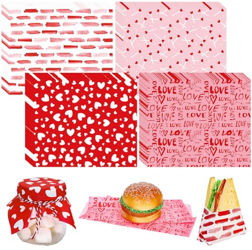 FYSUIMU 240 Sheet Valentine's Day Wax Paper 4 Styles Red Pink Love Heart Food Wrapping Tissue Paper Deli Paper Basket Liners For Home Kitchen Restaurant Baking