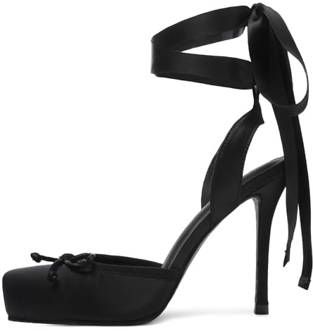 Riekhany Satin Ballet Heels for Women Closed Square Toe Bow Ballerina Heels Lace Up High Heel Slingback Pumps Strappy Stiletto Mary Janes Elegant Party Shoes Black