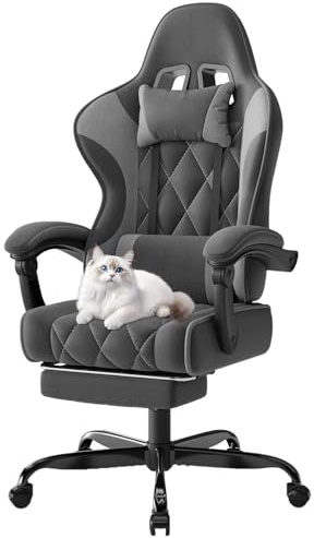 Devoko Fabric Gaming Chair for Adults with Footrest – Ergonomic Reclining Computer Desk Chair with Pocket Spring Cushion, Headrest & Massage Lumbar Support, Dark Grey, for Home Office