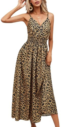 Vestido de Tirantes para Mujer Verano Elegante Ligero Largo Casuales sin Mangas Vestido Cuello en V Cintura Elástic Playa Vestido