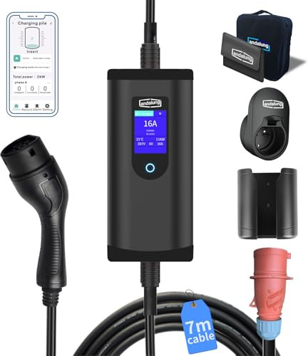 Andalung Tragbarer EV-Lader 11KW 3-Phase 6-16A mit Einstellbarem Strom, App-Steuerung, 7m Kabel, IP65 Schutz, Kompatibel mit Allen PHEV/EV Fahrzeugen, WiFi, Bluetooth, Roter CEE-Stecker