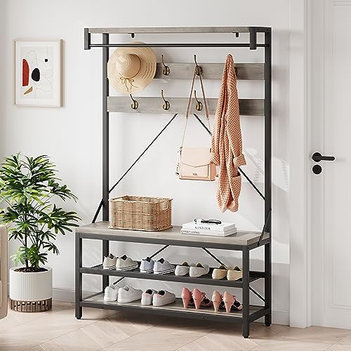 OPULENTHOME Garderob med bänk, garderobställ med skohylla fristående, träutseende klädställ med skohylla, med 2 förvaringshyllor, hängande bar, 8 krokar, 101 x 40 x 182 cm, grå