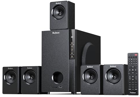 Bobtot Home Theater Systems with 5.25 inch Subwoofer, 5.1 Wired Satellite Surround Sound Speakers, 600 Watts Peak Power Deep Bass Audio Stereo System with FM Radio Bluetooth AUX DVD USB SD Input