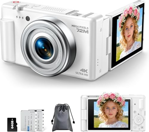 Digital Camera 4K, 72MP Autofocus Vlogging Camera for YouTube with 18X Digital Zoom, 2.8 270°Flip Screen Compact Travel Cameras with 64GB Card & Battery for Teens Beginners Photography