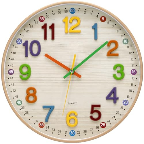 ACCSHINE Horloge Murale silencieuse pour Enfant - Vintage - 30 cm - Grande Pile - Facile à Lire - pour Chambre, Maison, Cuisine, Chambre à Coucher, Bureau, école (Nacré Bois - Chiffres 3D)