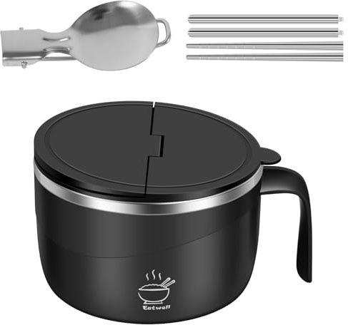 Rostfritt stål instant nudelskål 1 200 ml ramenskål med lock filterbar vatten nudelskål för skolor sovsal hem kontor (svart)