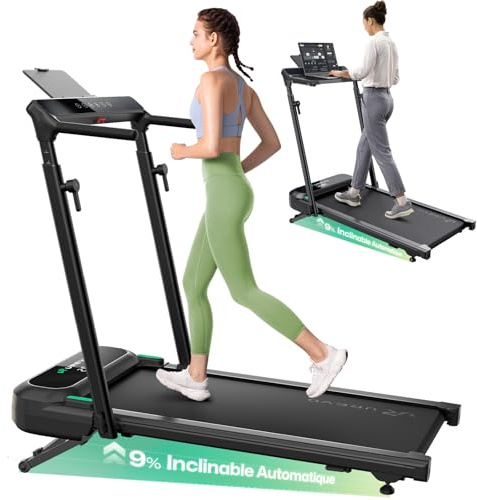 UREVO FoldiMix 5L Tapis de Course Pliable avec Inclinaison Automatique 9%, Double Moteur Brushless 3,0 CV, Guidon Réglable, Système d’Amorti 14 Points, Tapis de Marche pour Bureau Debout