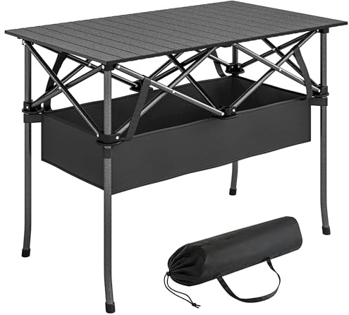 Outsunny Mesa Plegable Camping Red de Almacenamiento 93x55x68 cm Negro | Mesa Plegable Portátil, Encimera Enrollable de Aluminio, Marco Metálico, Bolsa de Transporte, para Acampar, Senderismo