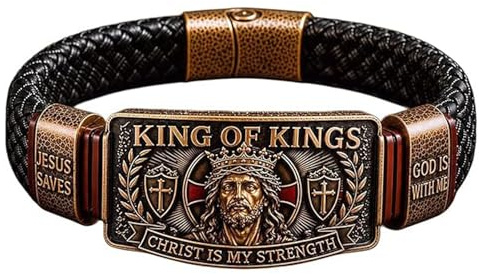 King of Kings Faith Bracelet - Adjustable Christian Wristband Gift, Christian Leather Bracelet with Jesus Christ Engraving, Christians Gift for Men Husband Dad (1PC)