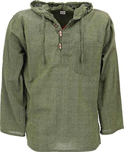 GURU SHOP Nepal Hemd, Goa Hippie Sweatshirt, Yogashirt, Schlupfhemd mit Kapuze - Olive, Herren, Baumwolle, Size:M