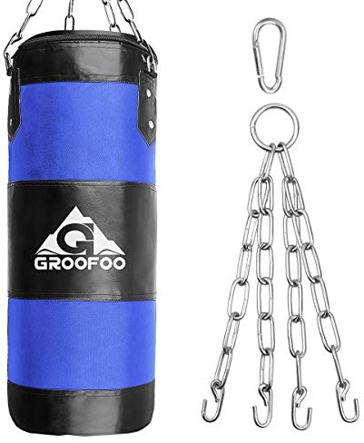 GROOFOO Sacco da Boxe Bambini Adulto 100x33cm Oxford Sacchi Pugilato Allenamento di Boxe per Bambini Borsa Non RICARICATA con Catena Montaggio per MMA Muay Thai Kick Boxing - Blu
