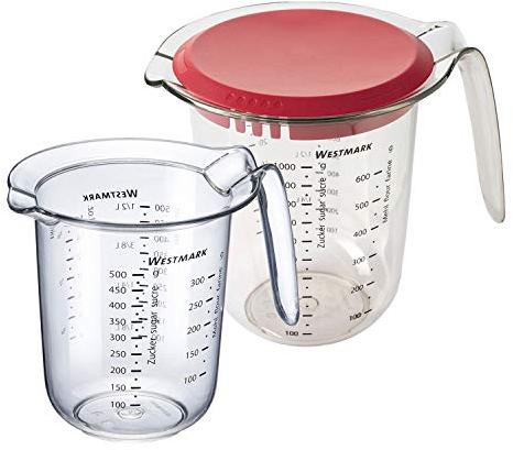 Westmark Set da 2 Pezzi, Misurini da 0,5 L e 1 L con Coperchio, Scala Graduata Multilingue, Plastica, Trasparente/Rosso, 306622E6