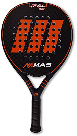 MAS Padel - Rival 100, Raqueta de Padel, Negro y Naranja, Revestimiento 100% de Fibra de Carbono, Funda Incluida