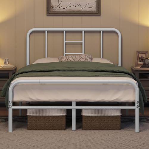 Yaheetech Double Bed 4ft6 Iron Bed Frame with Curved Headboard & Footboard, Under Bed Storage Space, Slatted Metal Bed for Adults/Teenagers, Suit for 135x190cm Mattress, Easy Assembly, White