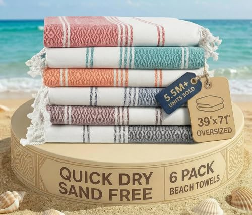 LANE LINEN 6-Pack Oversized Pre-Washed Beach Towels, Stylish Quick-Dry Pool & Travel Towels for Adults, 39x71 - Diamond Multi Colors