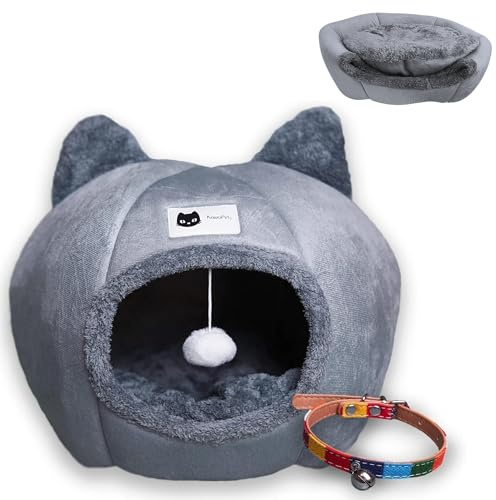 Cama para Gatos 2 en 1 Invierno-Verano – Refugio Tipo Cueva con Cojín Desmontable y Lavable, Antideslizante, con Juguete y Collar – Ideal para Gatos de Interior y Mascotas Pequeñas