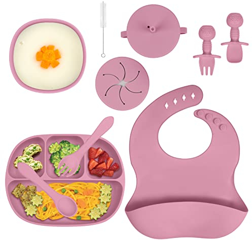 Aolso Baby Teller Kinderteller Sets, 8 Stücke Rutschfest Geschirr Sets Mit Löffel Geteilte Platte und Lätzchen, BPA-frei Kinder Geschirrset Silikon, Babyteller Schüssel für Kleinkinder Kinder(Rosa)