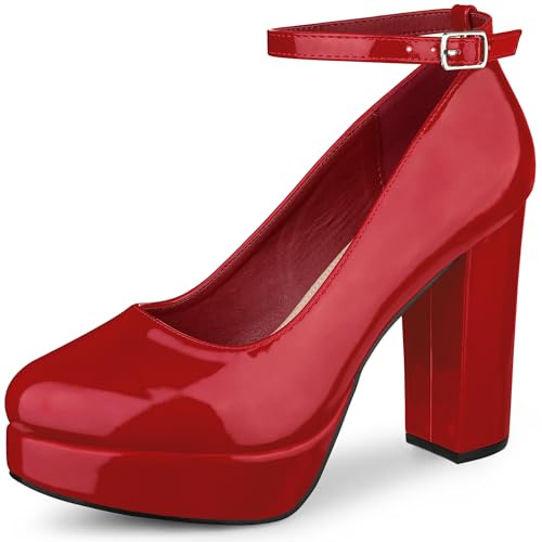 Allegra K Décolleté Mary Janes da donna con plateau e cinturino alla caviglia tacco, Rosso, 41 EU