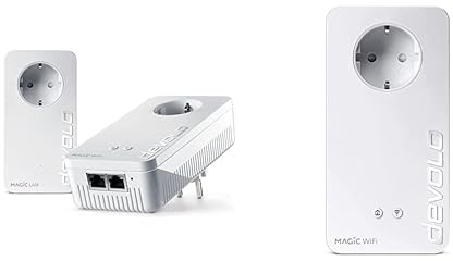 devolo Magic 2 WiFi 6 startkit, WLAN Powerline-adapter – upp till 2 400 Mbit/s, nät-WLAN-uttag, 2 x Gigabit LAN, åtkomstpunkt, dLAN 2.0, vit & Devolo Magic 2 WiFi next 8633 WLAN Adapter, Vit