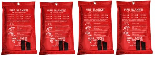 RIYAN Lot de 4 couvertures anti-feu d'urgence pour cuisine, barbecue, cheminée (150 x 150 cm)