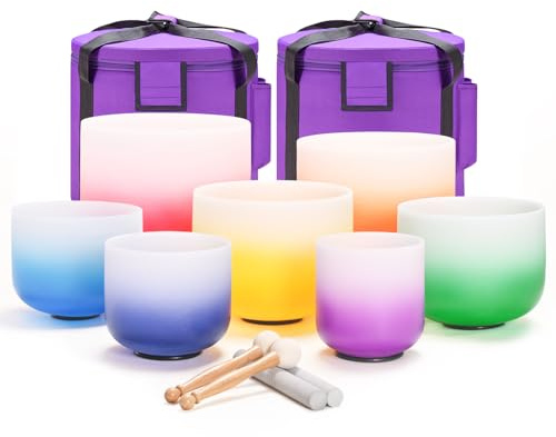 CVNC 432HZ 6-12 Inch Set of 7 PCS Aria Gradient Design Frosted Quartz Crystal Singing Bowls with 2 PCS Carry Case Bag for Sound Healing and Therapy Meditation