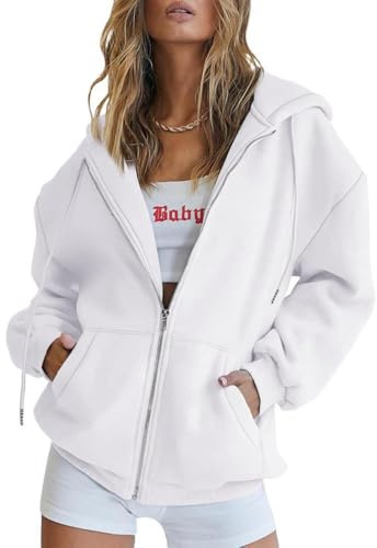 TANMESSO Felpe con zip da donna felpe con cappuccio oversize casual a maniche lunghe giacche autunnali abiti moda 2025, bianco, 3XL