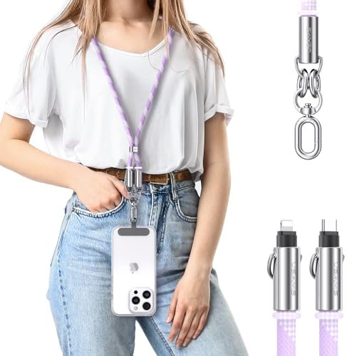 enablink Cadena universal para teléfono móvil, adecuada para todos los smartphones con 2 parches universales, 30W Cable USB C a IP Cable de Carga Rápida, correa ajustable y extraíble 1.2M Morado