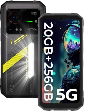 HOTWAV Hyper 7 5G Outdoor Smartphone (2025), 20GB RAM+256GB ROM, 280LM Campinglicht, Cellulare Impermeabile, 10800mAh(33W) Cellulari, 6.6”FHD+ 120Hz, 64MP+32MP, Face ID/IP68/IP69K/NFC (Giallo)