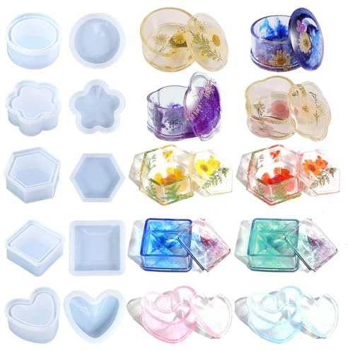 5 PCS Jar Resin Molds Kits with Lid, Epoxy Resin Casting Mold Including Heart Flower, Used for DIY Jewelry Trinket Candy Box Coasters Ash Trays, Candle Vessel Craft Silicone Moulds