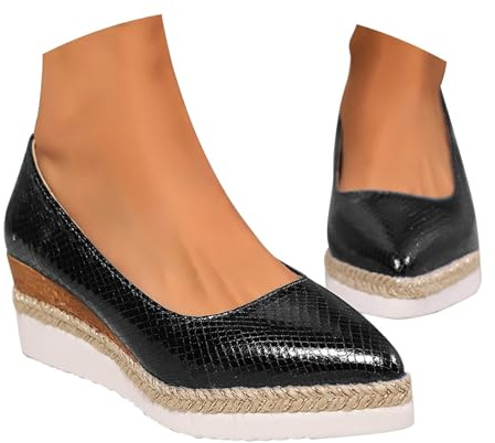 Momolaa Clearance UK 5.5 Women's Glitter Closed Toe Espadrille Wedge Pumps Ladies Shinny Platform Slip on Closed Pointed Toe Comfortable Light Weight Wedges Pumps Shoes B1_Black Footwear