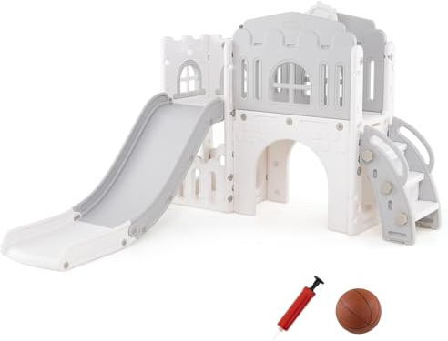 GOPLUS 9 en 1 Toboggan Enfant Bebe HDPE avec Panier de Basket-Ball, Allée, Tunnel et Espace de Stockage, Aire de Jeux Maison Cabane Interieur Exterieur Enfants 1+ Ans,Charge 30KG (Gris)