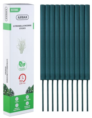 Anbar Citronella Incense Sticks - Natural Plant Based with Refreshing Citrus Scent, Lasting Up To 2.5 Hours, For Indoor/Outdoor Use, Garden, Camping, BBQ. 10 Sticks