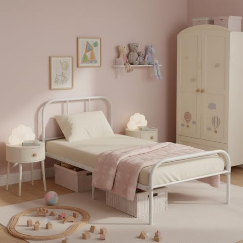 ZZINOKE Métal Cadre de Lit, 90 x 190 cm, avec Tête et Pied, Lit Simple, avec Sommier à Lattes, Adapté aux Petits Espaces, Nombreux Rangements sous Le Lit, Blanc