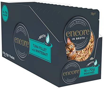 Encore Katzenfutterbeutel mit Thunfischfilet und Sardellen (16 x 70-g-Beutel), Verpackung kann variieren