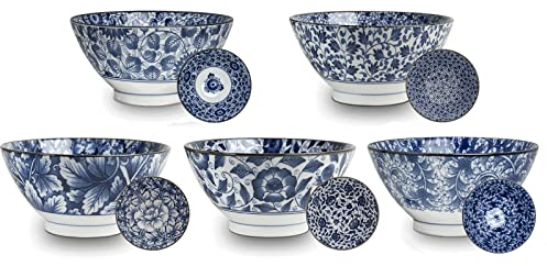 AAF Nommel ®, 5 japanische Reis Schalen Ø 18cm Japan Porzellan Set in 5 verschiedenen Dessins, Nr 85, weiß/blau